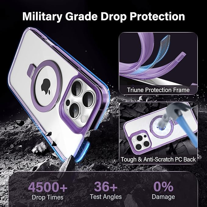 Magnetic Case for iPhone 16 Pro Max - [Built-in Invisible Stand] [Compatible with MagSafe] [Military Grade Drop Protection] Anti-Yellowing Hard Back Silicone Edge Cover, 6.9", Clear Purple