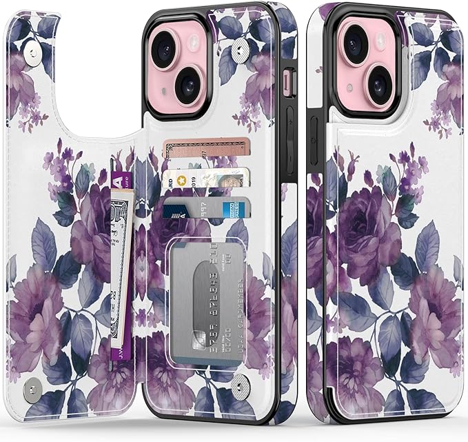 FUNMIKO for iPhone 15 Plus Wallet Case with Card Holder, RFID-Blocking, Military-Grade Protection & UV-Printed Artwork, Magnetic Closure with Leather Kickstand - Elegant Purple Floral