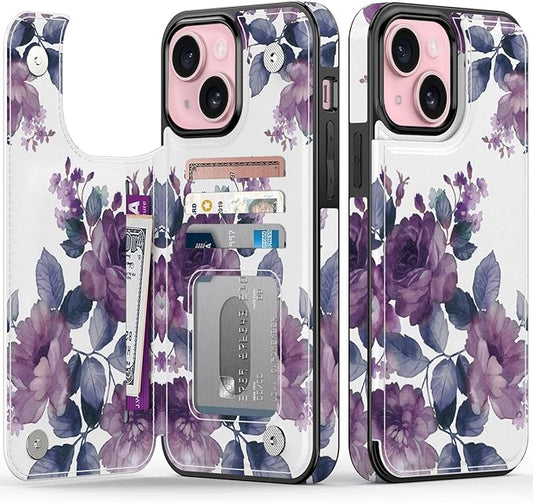 FUNMIKO for iPhone 15 Plus Wallet Case with Card Holder, RFID-Blocking, Military-Grade Protection & UV-Printed Artwork, Magnetic Closure with Leather Kickstand - Elegant Purple Floral