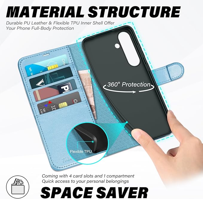 TUCCH Case Wallet for Galaxy S25 5G, Magnetic PU Leather Kickstand [RFID Blocking] Card Slot Flip Cover with [TPU Shockproof Interior Case] Compatible with Galaxy S25 6.2" 2025, Pearly Light Blue
