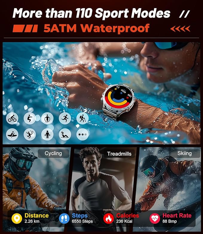 Smart Watches for Men(Answer/Make Calls) with LED Flashlight, 1.85"HD Screen Outdoor Sports Smartwatch ,800mAh Battery,Heart Rate/Sleep Monitor 5ATM Waterproof Fitness Tracker for Android iOS,Sliver