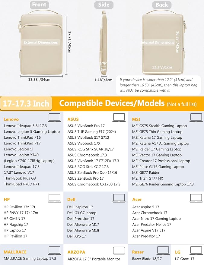 HYZUO 17-17.3 Inch Laptop Bag Case Sleeve for 17" 17.3" HP/Dell/Lenovo/ASUS/Acer/LG/MSI Gaming Laptop/Razer Blade 17/18, Notebook Carrying Briefcase for Men Women, Sand