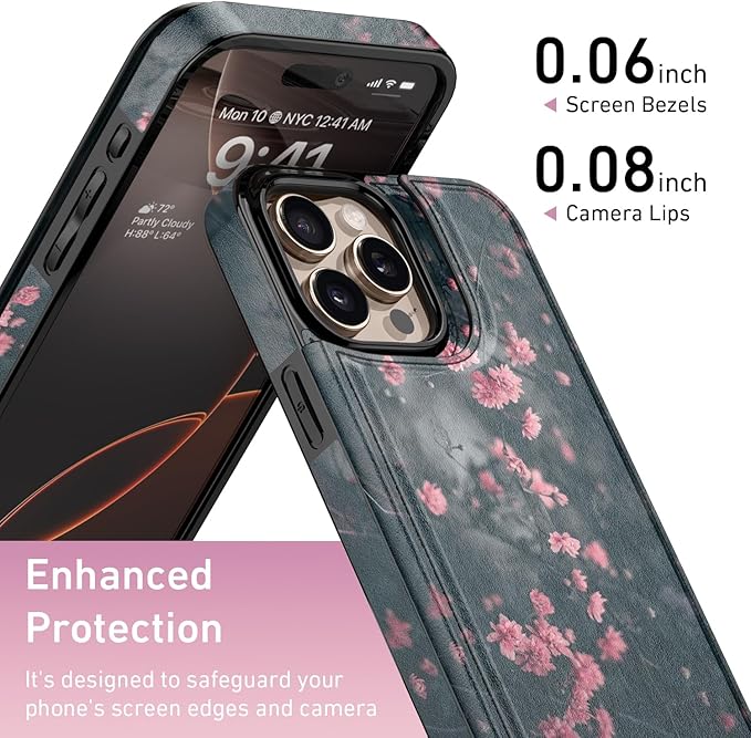 FUNMIKO for iPhone 16 Pro Max Wallet Case with Card Holder, RFID-Blocking, Military-Grade Protection & UV-Printed Artwork, Magnetic Closure with Leather Kickstand - Mystic Blooming Plum