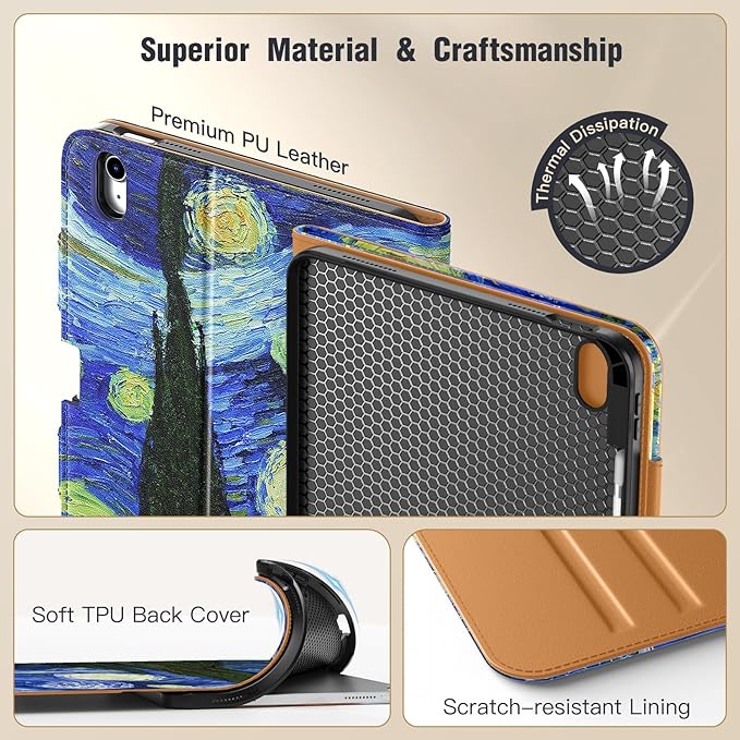 MoKo for iPad (A16) 11th Generation Case 11 inch 2025, iPad 10th Generation Case 10.9" 2022 with Pencil Holder & Pocket, Premium Leather Folio Stand Cover, Multiple Viewing Angles, Starry Night