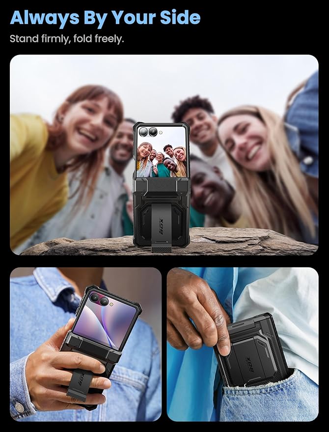 i-Blason for Samsung Galaxy Z Flip 7 Case with Stand, [Tempered Glass Screen Protector] [Hinge Protection] [Belt-Clip], Full-Body Military Protection Phone Case for Samsung Z Flip 7, Armorbox, Black