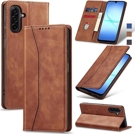 Jasonyu Flip Wallet Case for Samsung Galaxy A17 5G,Leather Magnetic Folio Cover with Card Holder,Kickstand - TPU Shockproof Durable Protective Phone Case,Brown