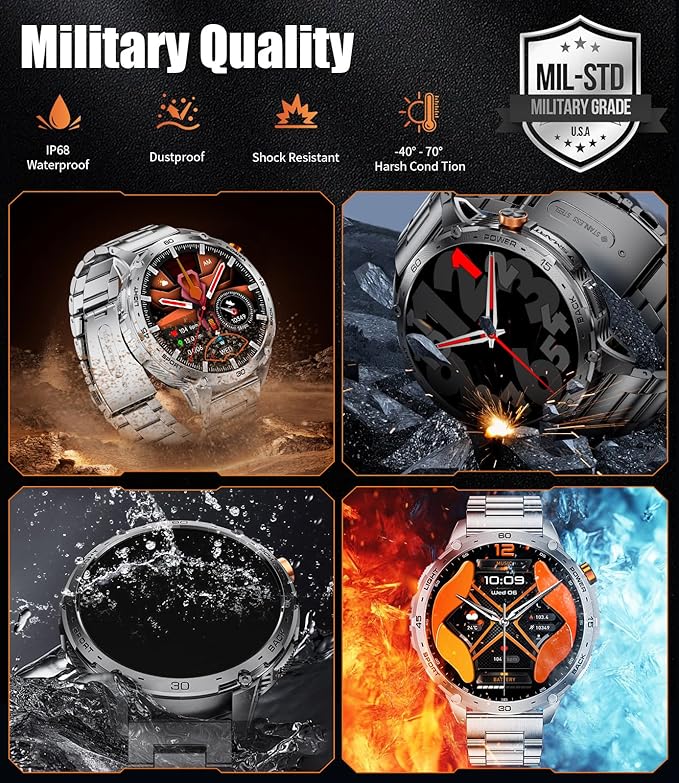 LIGE 1.75" Super Large AMOLED Round Smart Watches for Men with LED Flashlights, Outdoor Military Smartwatch for Android iOS, 100+ Sports, IP68 Waterproof, 200+ Watch Faces, 730mAh, Silver Metal Strap