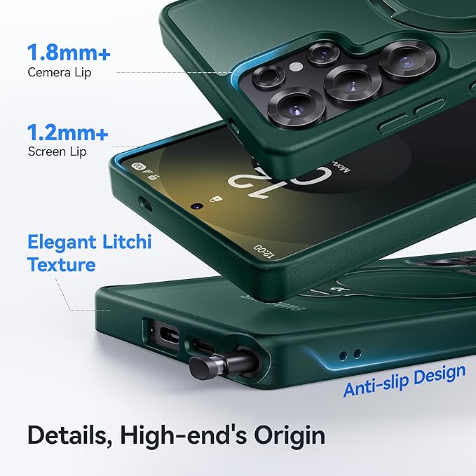 CASEKOO Patented 360° Spin Magnetic Stand for Samsung Galaxy S25 Ultra Case [18FT Military Drop Protection] [Compatible with MagSafe] Matte Translucent Slim S25 Ultra Case 6.9'' 2025, Green