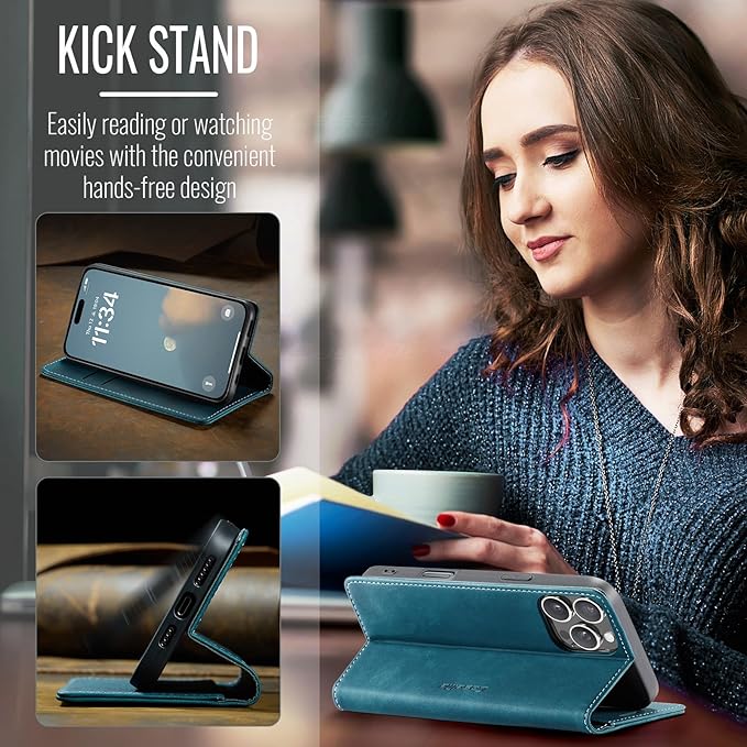 for iPhone 16 Pro Case, Flip Wallet Leather Case with Card Holder Magnetic Closure Shockproof Kickstand Protective Phone Cases Cover for iPhone 16 Pro, Blue-Green