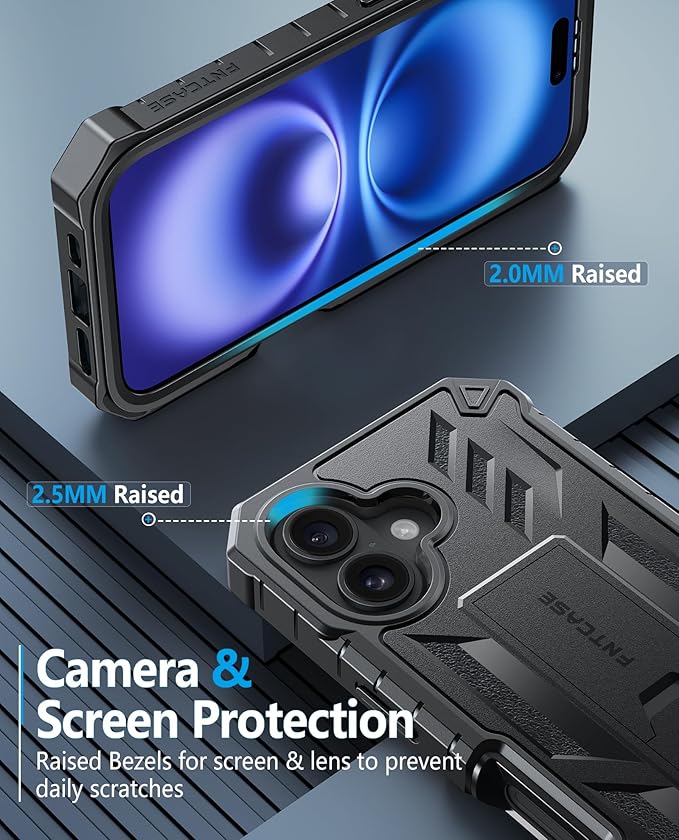 FNTCASE for iPhone 16 Phone Case: for iPhone 16 case with Kickstand Shockproof Military Grade Protective Cover - Dual Layer Full Protection Sturdy Matte Textured Drop Proof - 6.1 Inch Black