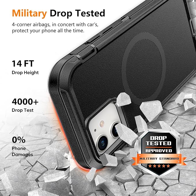 for iPhone 12 & 12 Pro Case with Belt Clip Holster, Anti-Shock, Anti-Slip, Compatible with MagSafe, 3-Layer Drop Protection, Heavy Duty Magnetic Phone Case Cover 12 6.1", Black