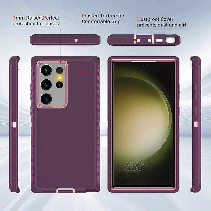 for Samsung Galaxy S23 Ultra Case with [2 Pack] HD Screen Protector, [Military-Grade] Shockproof Dust/Drop Proof 3-Layer Full Body Protection Heavy Duty Case for Galaxy S23 Ultra, Deep Purple