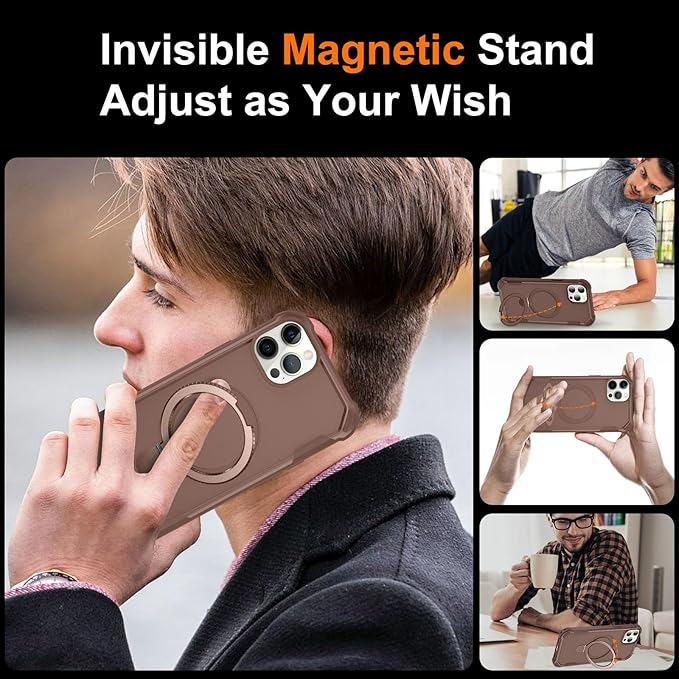 Compatible with iPhone 12 Case & iPhone 12 Pro Case with Invisible Magnetic Ring Stand [Compatible with Magnetic] [Military Drop Protection] Shockproof Hard Back Soft Edge 6.1 Inch, Khaki