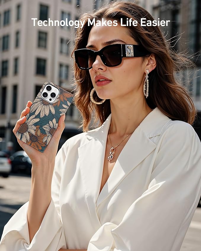 DEENAKIN for iPhone 15 Pro Max Wallet Case with Card Holder + Cash Clip, RFID-Blocking, Military-Grade Drop Protection, Magnetic Closure with Leather Kickstand - Floral Daisy Pattern