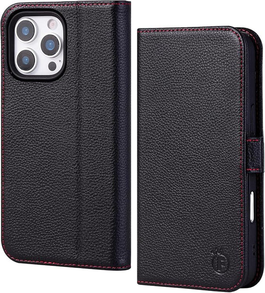 Case for iPhone 16 Pro 6.3" 2024-Genuine Leather Folio Magnetic Closure RFID Blocking Card Holder Kickstand Full Protection Phone Case Compatible with iPhone 16 Pro (Black)