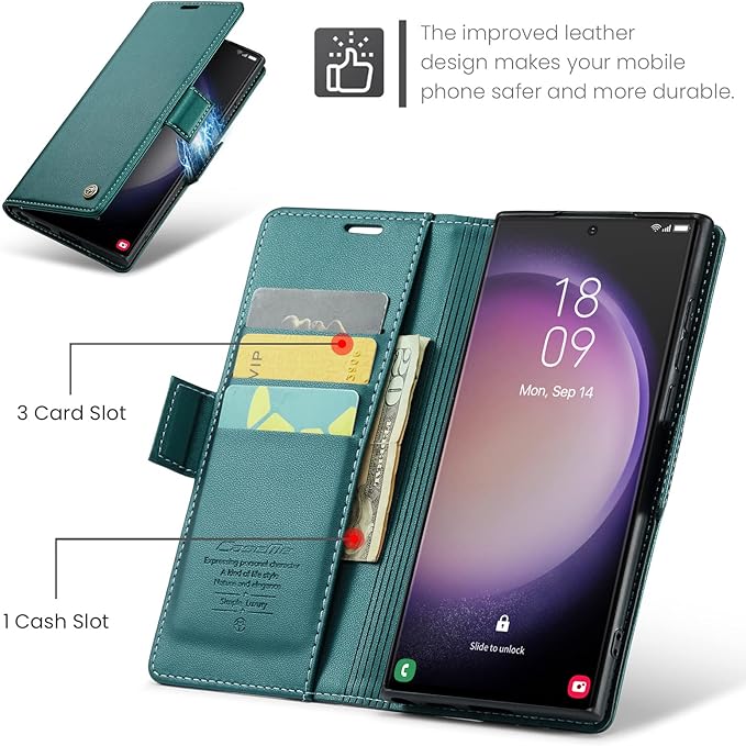 Case for Samsung Galaxy S23 Ultra Wallet Case, RFID Blocking PU Leather Flip Folio Cover Card Holder Kickstand Shockproof Phone Case Compatible with Samsung Galaxy S23 Ultra, Blue Green