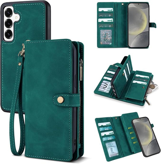 TwoHead for Samsung Galaxy S24 Wallet Case with Card Holder,Detachable Magnetic Phone Case for Galaxy S24,PU Leather Shockproof Protective Phone Cover Wallet with Wrist Strap(6.1 in,Green)
