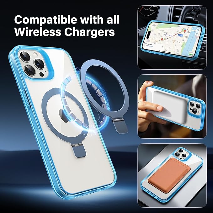 Magnetic Case for iPhone 15 Pro - [Built-in Invisible Stand] [Compatible with MagSafe] [Military Grade Drop Protection] Anti-Yellowing Hard Back Silicone Edge Cover, 6.1", Clear Blue