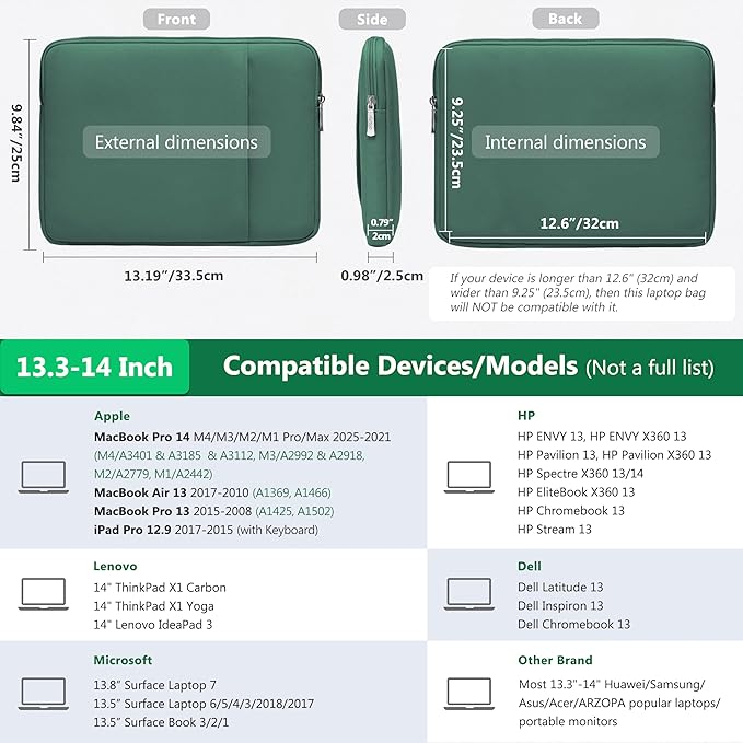 HYZUO 13.3-14 Inch Laptop Sleeve Bag Set for MacBook Pro 14 M4/M3/M2/M1, MacBook Air/Pro 13.3, 13.5"/13.8" Surface Book/Laptop, Notebook Case for 13.3" HP Dell Lenovo Asus Acer, Jungle Green