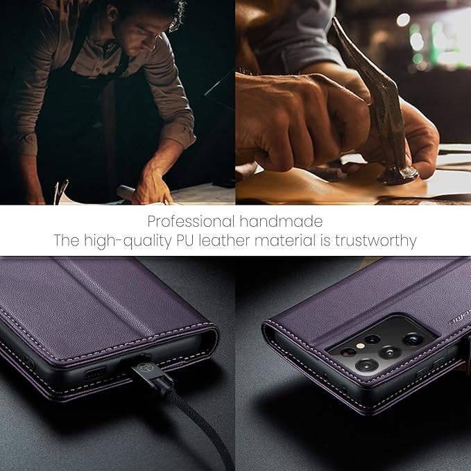 AUPAI for Samsung Galaxy S21 Ultra Wallet Case with Credit Card Holder, PU Leather RFID Blocking Folio Flip Kickstand Magnetic Clasp Protective Phone Cover for Women Men Purple