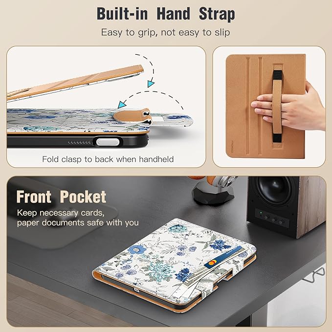 MoKo for iPad (A16) 11th Generation Case 11 inch 2025, iPad 10th Generation Case 10.9" 2022 with Pencil Holder & Pocket, Premium Leather Folio Stand Cover, Multiple Viewing Angles, White Blue Floral