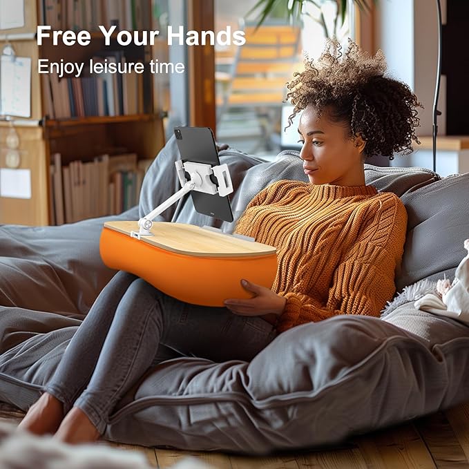 Cozy Kindle Pillow Stand with 360° Adjustable Tablet Holder, Wooden Panel, iPad Stand for Hands Free Reading in Bed, Couch, Sofa, Compatible with 4.7"-13" Kindle, iPad, Phone, up to 14"Laptop