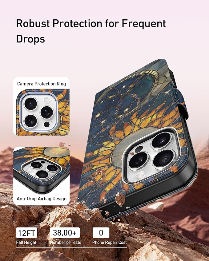 DEENAKIN for iPhone 16 Pro Max Wallet Case with Card Holder + Cash Clip, RFID-Blocking, Military-Grade Drop Protection, Magnetic Closure with Leather Kickstand - Solar Lunar Harmony