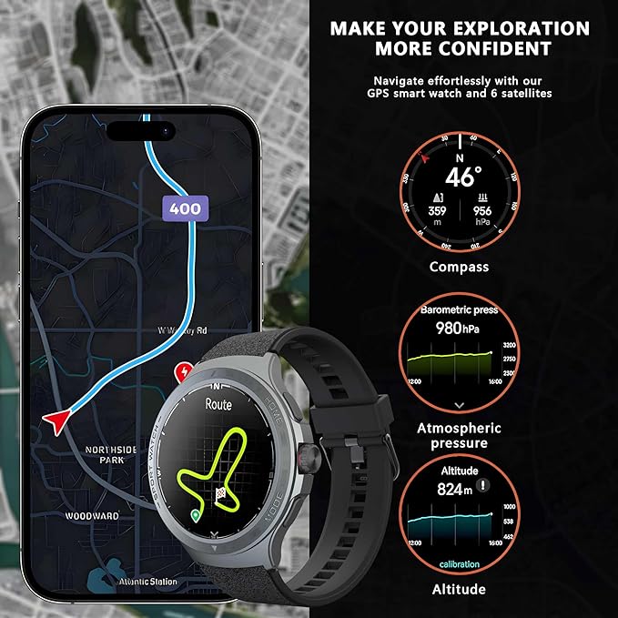 Military Smart Watch with Heart Rate Monitor/Compass/Flashlight/GPS, 1.43" Smartwatch with 170+ Sport Modes,5ATM Waterproof Fitness Watch for Men & Women, Compatible iOS Android (Black)