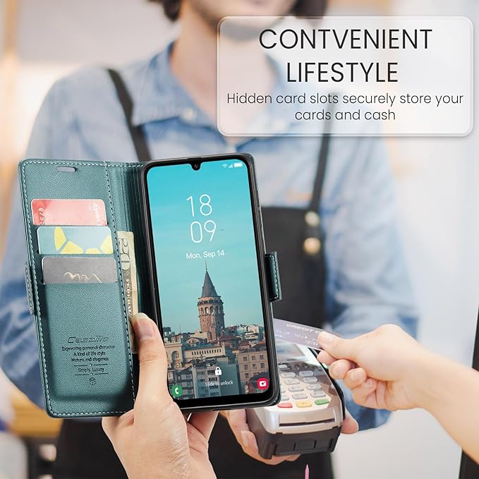 for Samsung Galaxy A25 5G Case, Premium PU Leather Wallet Case Flip Cover with [RFID Blocking][Card Holder][Stand Function] Shockproof Protective for Samsung Galaxy A25, Blue-Green