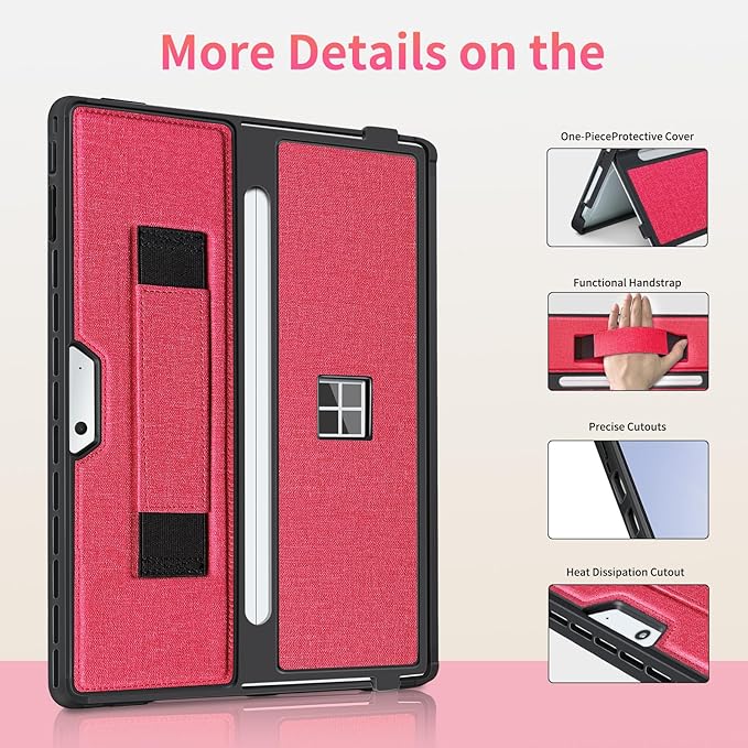 Case fit Microsoft Surface Pro 11/10 /9/8 13-Inch, with Stent Cover, Hand Strap, All-in-one Rugged Case Compatible with Type Cover Keyboards, Red
