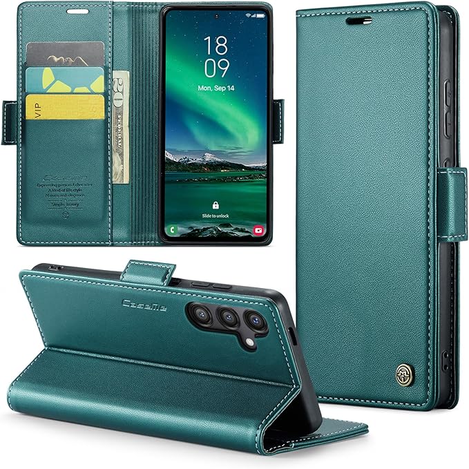 for Samsung Galaxy S24 FE Case, Premium PU Leather Wallet Case Flip Cover with [RFID Blocking][Card Holder][Stand Function] Shockproof Protective for Samsung Galaxy S24 FE, Blue-Green