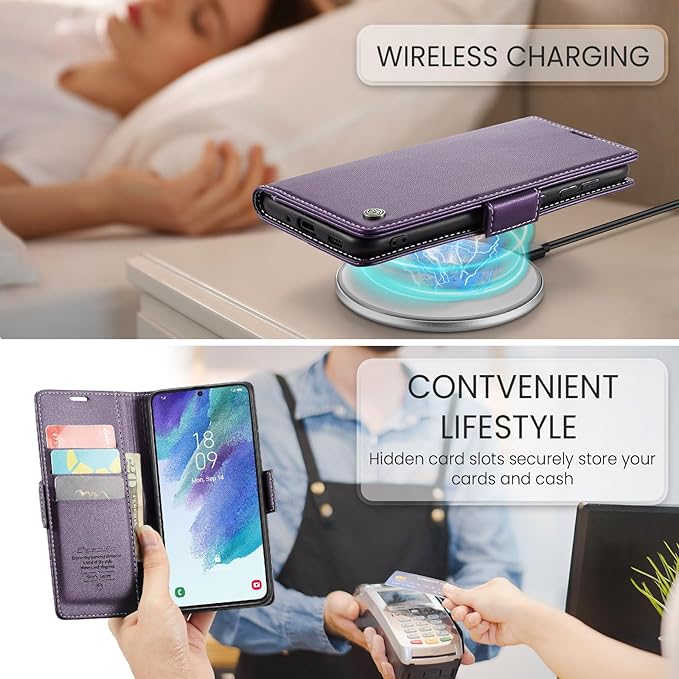 AUPAI for Samsung Galaxy S21 FE Wallet Case with Credit Card Holder, PU Leather RFID Blocking Folio Flip Kickstand Magnetic Clasp Protective Phone Cover for Women Men Purple