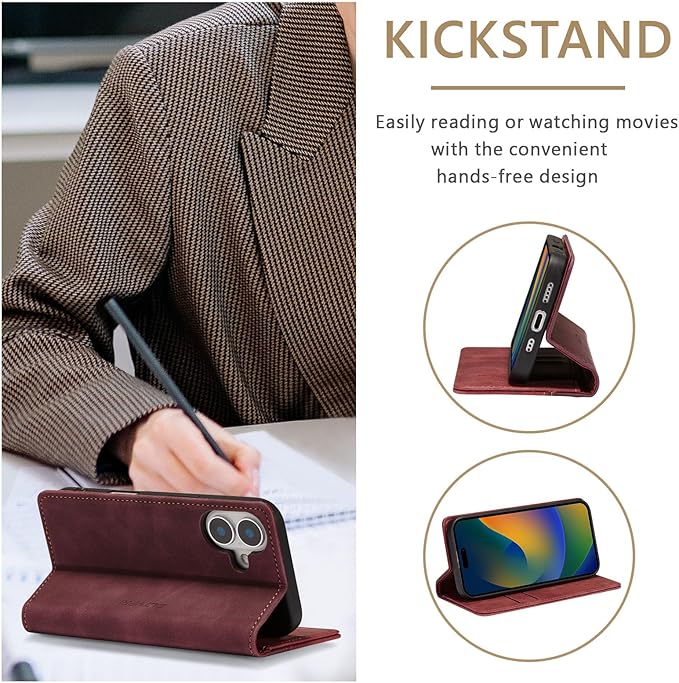 QLTYPRI for iPhone 16 Case Wallet with Card Holder, Vintage PU Leather Kickstand Magnetic Closure Shockproof Folio Book Cover Case for iPhone 16 - Retro Wine Red