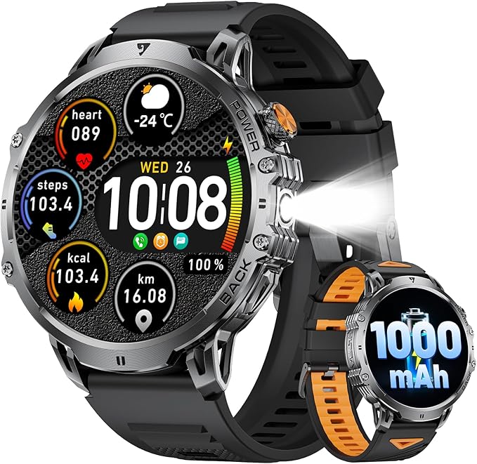 Military Smartwatch for Men(Answer/Make Calls),1000mAh Battery 1.85” HD Large Screen Fitness Watches with 100+ Sports Modes/Heart Rate Monitor Built-in LED Flashlight for Android iOS