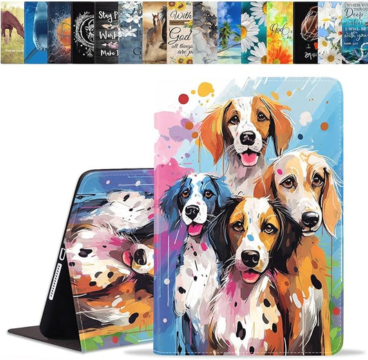 Case for Samsung Galaxy Tab S10 Lite / S10 FE / S9 FE 10.9-Inch / S9 11-Inch, Slim Lightweight PU Leather Stand Cover with Auto Wake/Sleep, Abstract Watercolor Art Dogs