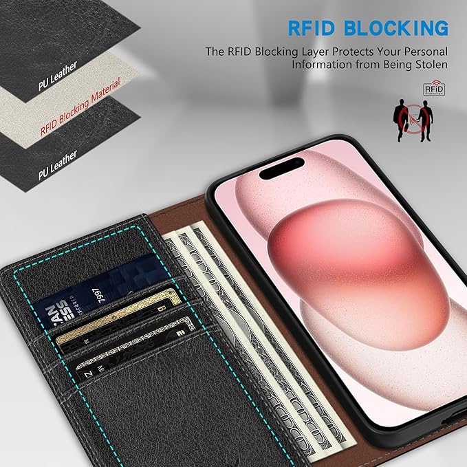 ZZXX for iPhone 15 Wallet Case with [RFID Blocking] Card Slot Stand Strong Magnetic Leather Flip Fold Protective Phone Case for iPhone 15 Case Wallet(Black-6.1 inch)