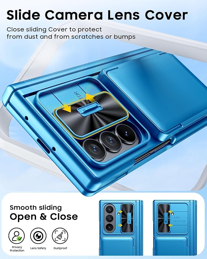 CENMASO for Samsung Galaxy Z Fold 7 Case with Card Holder [RFID Blocking] Camera Cover, Hinge Protection, Hidden Kickstand, Screen Protector, Slim Shockproof Phone Case for Galaxy Z Fold 7-Lake Blue