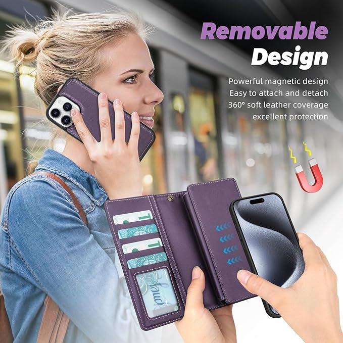 TwoHead Wallet Case Compatible with iPhone 15 Pro,Detachable Magnetic Phone Case,All-Round Protective Leather Phone Case with Card Holder,6.1 in,Deep Purple