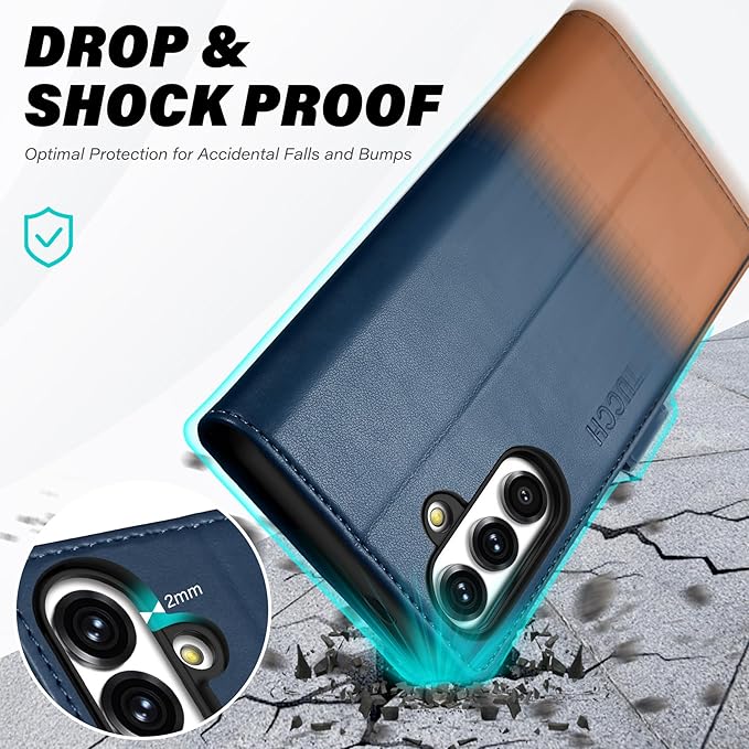 TUCCH Case Wallet for Galaxy S25 Plus, PU Leather Magnetic Kickstand [RFID Blocking] Card Slot Folio Flip Cover with [TPU Shockproof Interior Case] Compatible with Galaxy S25 Plus 6.7", Blue & Brown