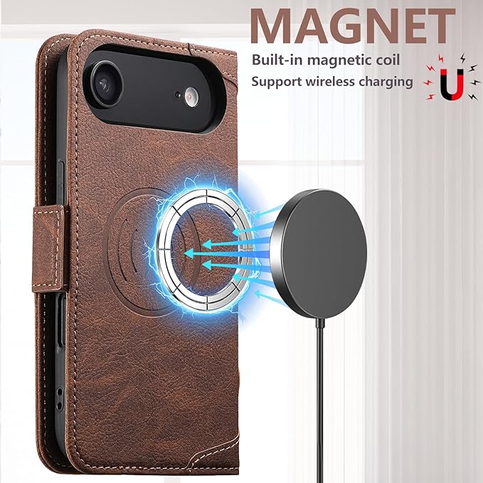 Leather Magnetic Wallet Case for iPhone 17 Air Compatible With MagSafe & Wireless Charging, 3 Card Slots & ID Holder, Kickstand, 360° Military Shockproof Protection for phone17air Premium Brown