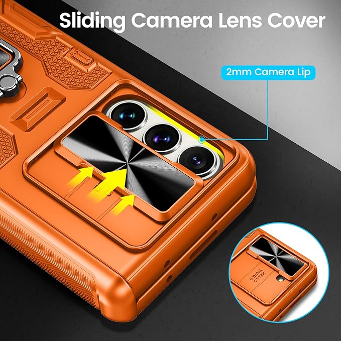 VEGO for Galaxy Z Fold 5 Case with Belt Clip Holster, 360°Ring Magnetic Kickstand & Camera Cover & Front Screen Protector, Hinge Protection Shockproof Armor Cover - Orange