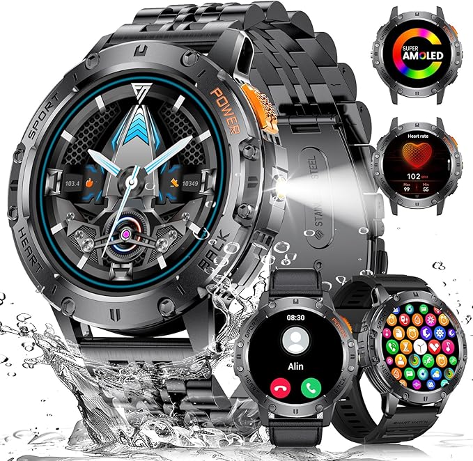 Military Smart Watches for Men with LED Flashlight,3 Straps,1,43'' AMOLED Smartwatch for Men with 530mAh Battery,5ATM Waterproof Fitness Tracker Smart Watch with Answer/Make Call iOS Android