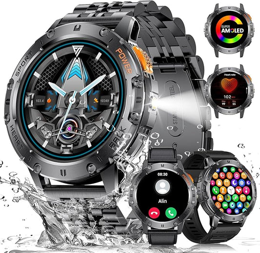 Military Smart Watches for Men with LED Flashlight,3 Straps,1,43'' AMOLED Smartwatch for Men with 530mAh Battery,5ATM Waterproof Fitness Tracker Smart Watch with Answer/Make Call iOS Android