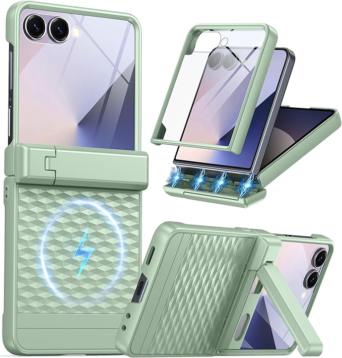 Magnetic for Samsung Galaxy Z Flip 7 Case [Hinge Protection＆Kickstand][Compatible with MagSafe][Built-in Screen Protector] Full-Body Military Protection Phone Case for Samsung Z Flip 7 Mint Green