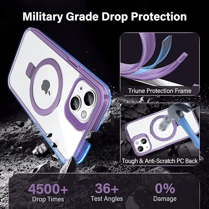 Magnetic Case for iPhone 15 Plus - [Built-in Invisible Stand] [Compatible with MagSafe] [Military Grade Drop Protection] Anti-Yellowing Hard Back Silicone Edge Cover, 6.7", Clear Purple