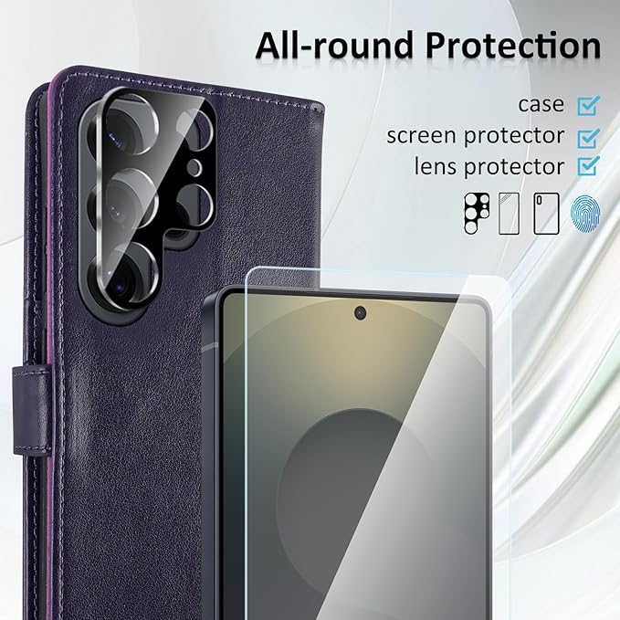 MONASAY Wallet Case Fit for Samsung Galaxy S25 Ultra 6.9 inch, [Lens & Glass Screen Protector Included] [RFID Blocking] Flip Folio Leather Cell Phone Cover with Credit Card Holder, Purple