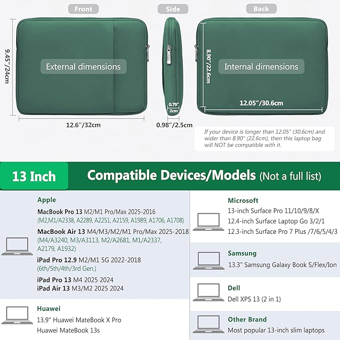 HYZUO 13 Inch Laptop Sleeve Bag Set for MacBook Air 13 M4/M3/M2/M1 2025-2018, MacBook Pro 13 M2/M1 2025-2016, iPad Pro/Air 13, XPS 13, Surface Pro, Notebook Case for 12"-13" Tablet, Jungle Green