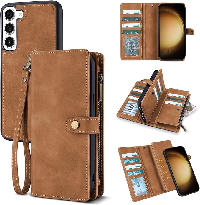 TwoHead for Samsung Galaxy S23 Plus Wallet Case with Card Holder,Detachable Magnetic Phone Case for Galaxy S23 Plus,PU Leather All-Round Protective Phone Cover Wallet with Strap(6.6 in, Brown)