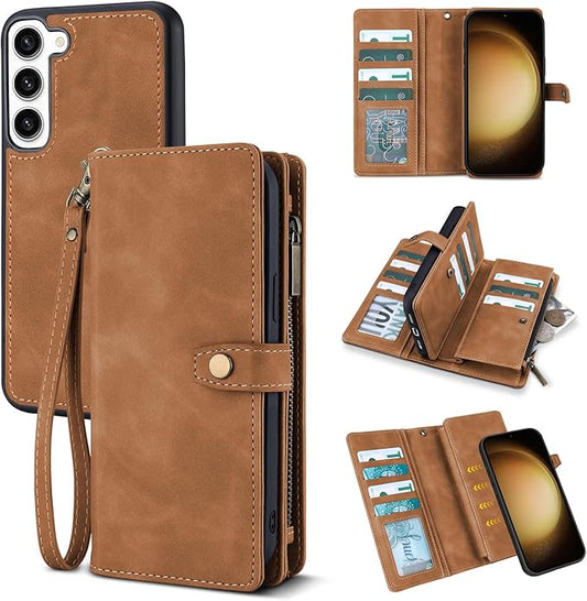 TwoHead for Samsung Galaxy S23 Plus Wallet Case with Card Holder,Detachable Magnetic Phone Case for Galaxy S23 Plus,PU Leather All-Round Protective Phone Cover Wallet with Strap(6.6 in, Brown)