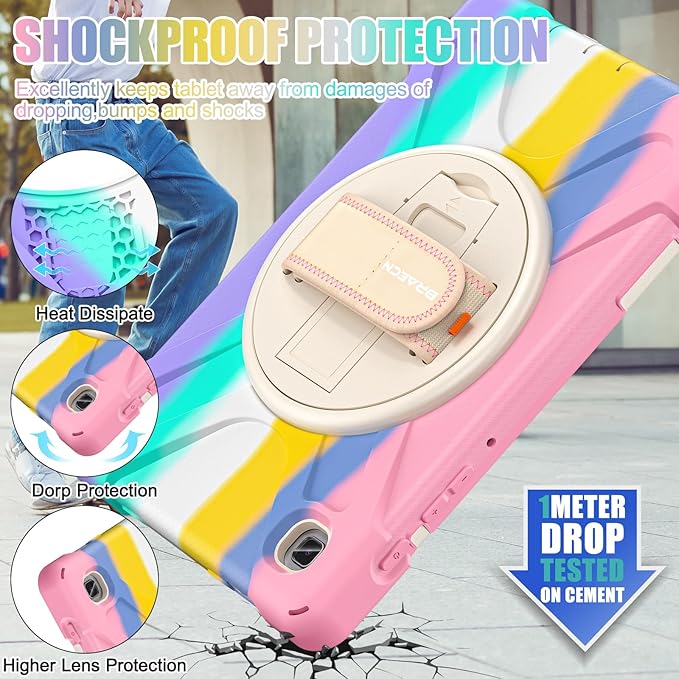 BRAECNstock Kids Case for Samsung Galaxy Tab A7 Lite 8.7 inch 2021(SM-T220/T225/T227) Shockproof Protective Tab A7 Lite Cover with Screen Protector Rotating Hand Strap+Stand Pen Holder - Colorful Pink